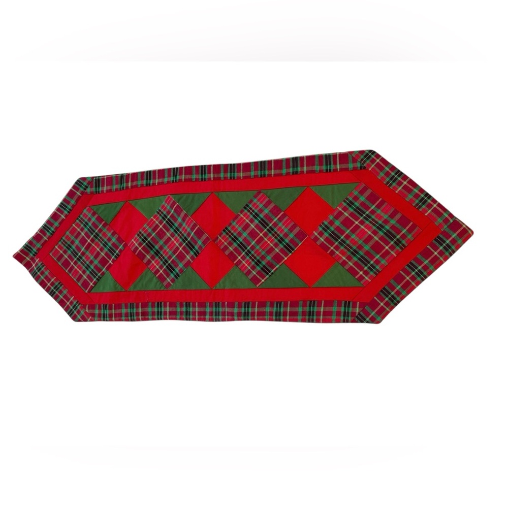 Quilted Holiday Christmas Table Runner Plaid Handmade 41" x 13.75" Small Flaws